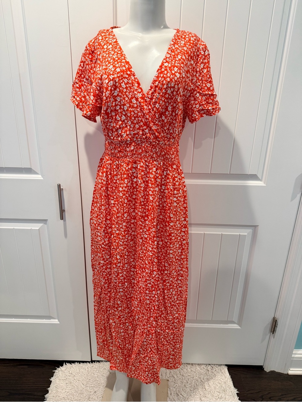 SHEIN Red Floral Wrap Maxi Dress with Smocked Waist